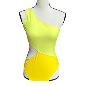 One Shoulder Cutout Monokini Swimsuit Yellow Colorblock One Piece Small